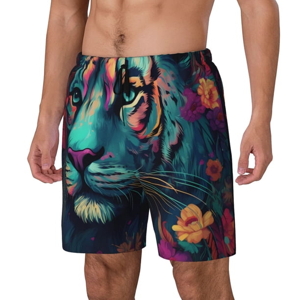 Balery Colorful Flower Tiger Bañador para hombre, shorts de playa de secado rápido con entrepierna y forro de compresión-Small
