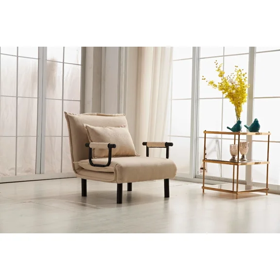Living Room Convertible Sleeper Arm Chair with Pillow 3 In 1 Adjustable Lounge Chair, Beige