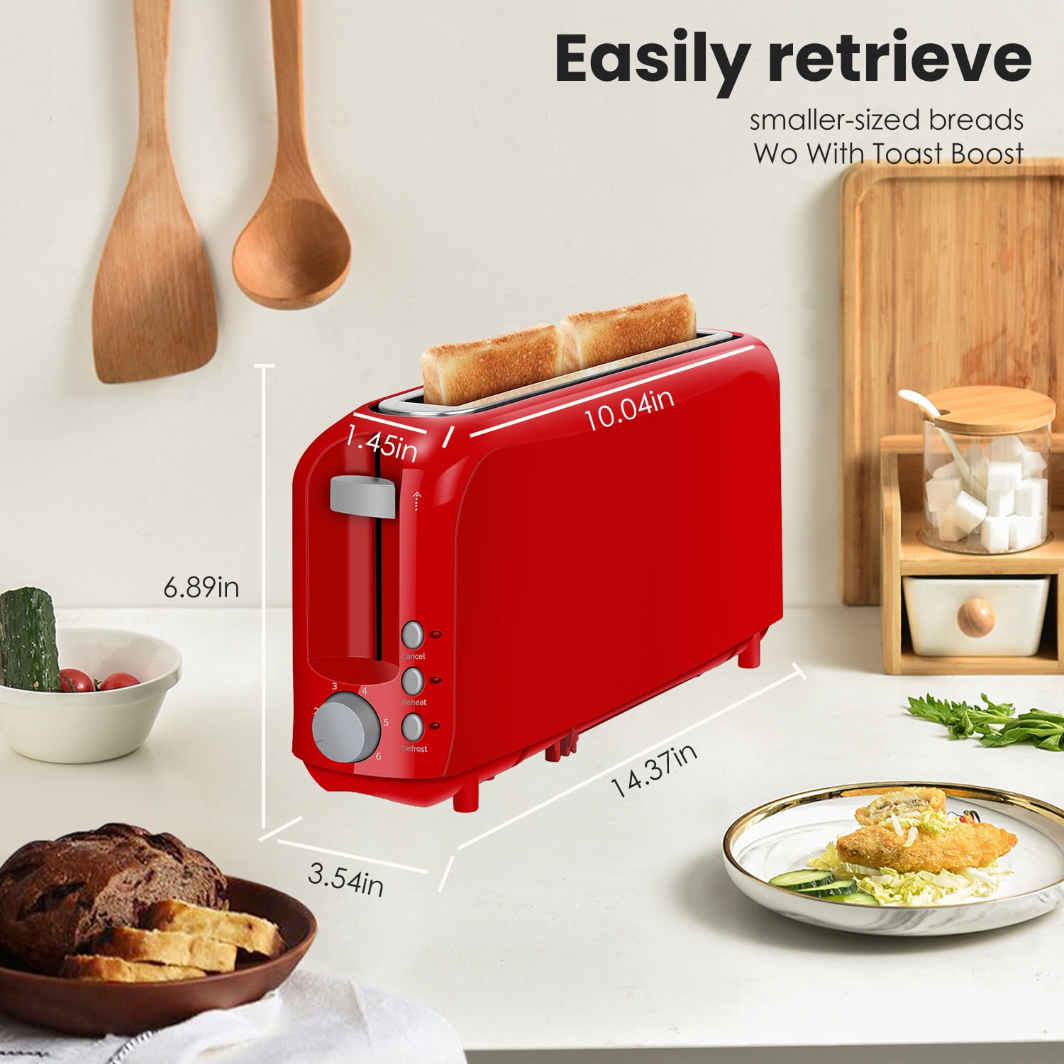 Slim 2-Slice Toaster, 10" Long Slot,6 Shade Settings with Cancel, Reheat & Defrost, Auto Shut off, Removable Crumb Tray，Red