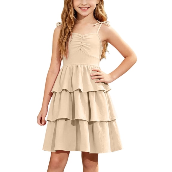 Glisme Girls Dress Solid Color Sleeveless Halter Summer Cozy Soft Toddler Kids Girls Dresses Size 5-6 Years Beige