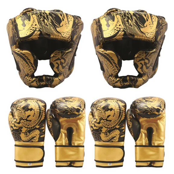 Last Punch 2 Pairs of 14oz Boxing Gloves & Head Guard Training Sparring Kickboxing Practice Gear Black/Gold