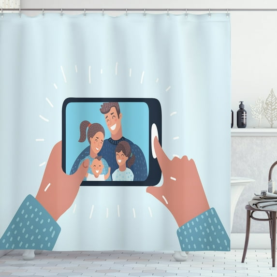 Call Mom Shower Curtain, Family Portrait Illustration Cozy Precious Moments, Fabric Bathroom Set with Hooks, 69W X 70L Inches, Pale Blue Pale Chocolate and Charcoal Grey, by Ambesonne