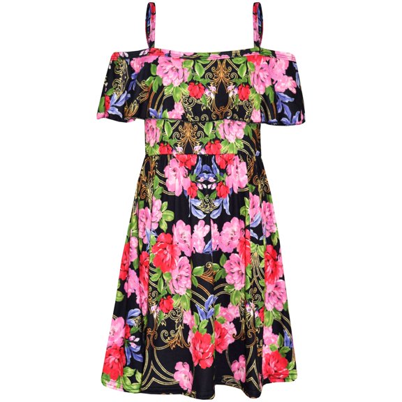 Girls Skater Dress Kids Pink & Red Floral Summer Party Off Shoulder Dresses 7-13