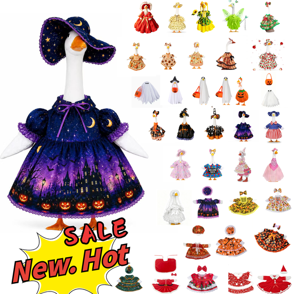 SLYNSHome Halloween Goose Dress With Matching Hat For 23 Inch Statue, Purple Midnight Sky Costume With Castle And Pumpkin Print, Outdoor Garden Yard Porch Decor
