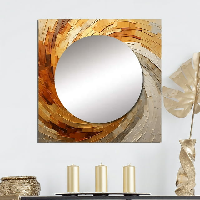 Designart "Shimmering Beige Pottery Circles I" abstract spirals Square Mirror For Wall Decor - Large Beige Square Printed Wall Mirror Art - Square Modern Mirror - Wall Mounted Square Mirror