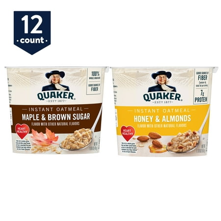 Quaker, Instant Oatmeal Cups, Maple & Brown Sugar, Honey & Almond Variety Pack, 12 Cups