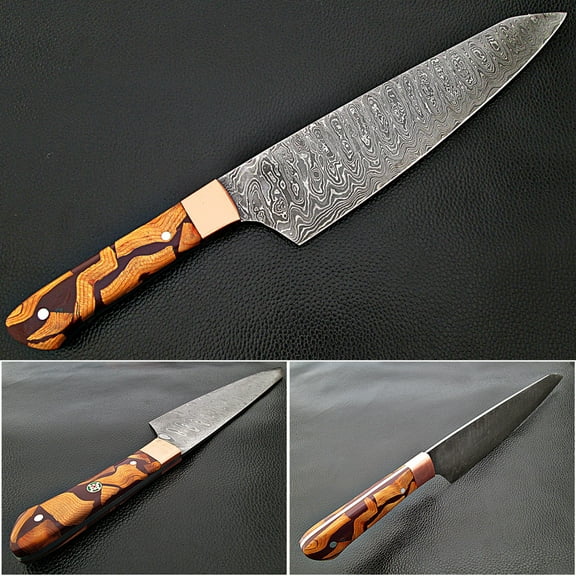 Santoku DAMASCUS Steel FORGED Chef Knife Wood Chip Resin by White Deer 55-60 HRC