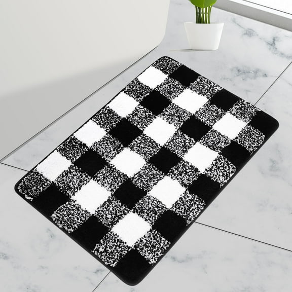 PiccoCasa Microfiber Plaid Pattern Bathroom Rugs Soft 20''x30'' Black and White