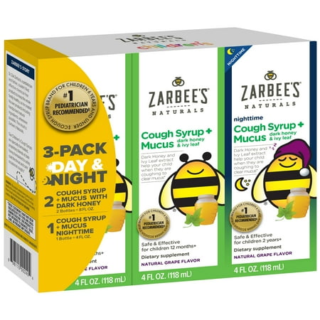 Cough Relief Syrup - Zarbee's® Naturals 3 Pack Day & Night Cough Syrup + Mucus with Dark Honey & Ivy Leaf Extract 3–4 fl. oz Bottle
