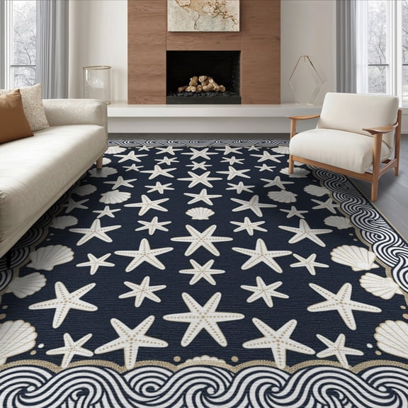ODIKA 8'x10' Washable Area Rug Non-Slip Chair-Friendly Mat Ocean Nautical Wave Seashell Border Bathroom Coral Reef Starfish Flowing Dynamic for Dining Room, Large Office, Lounge