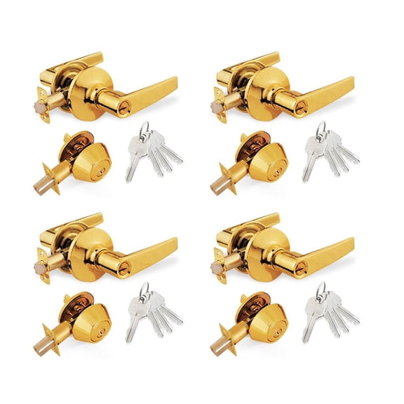 Polished Brass Entry Lock Set Door Lever Handle and Deadbolt Keyed Alike KW1 Keyway. 16 Total Keys, Keyed Alike by Set