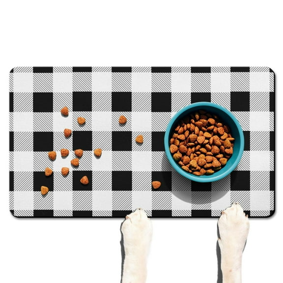 Dog Feeding Mat, Dog Mat for Food and Water, Pet Dog Cat Bowl Mat, Anti-Slip Reusable Cat Feeding Mat with Black White Buffalo Plaid,17inx30in