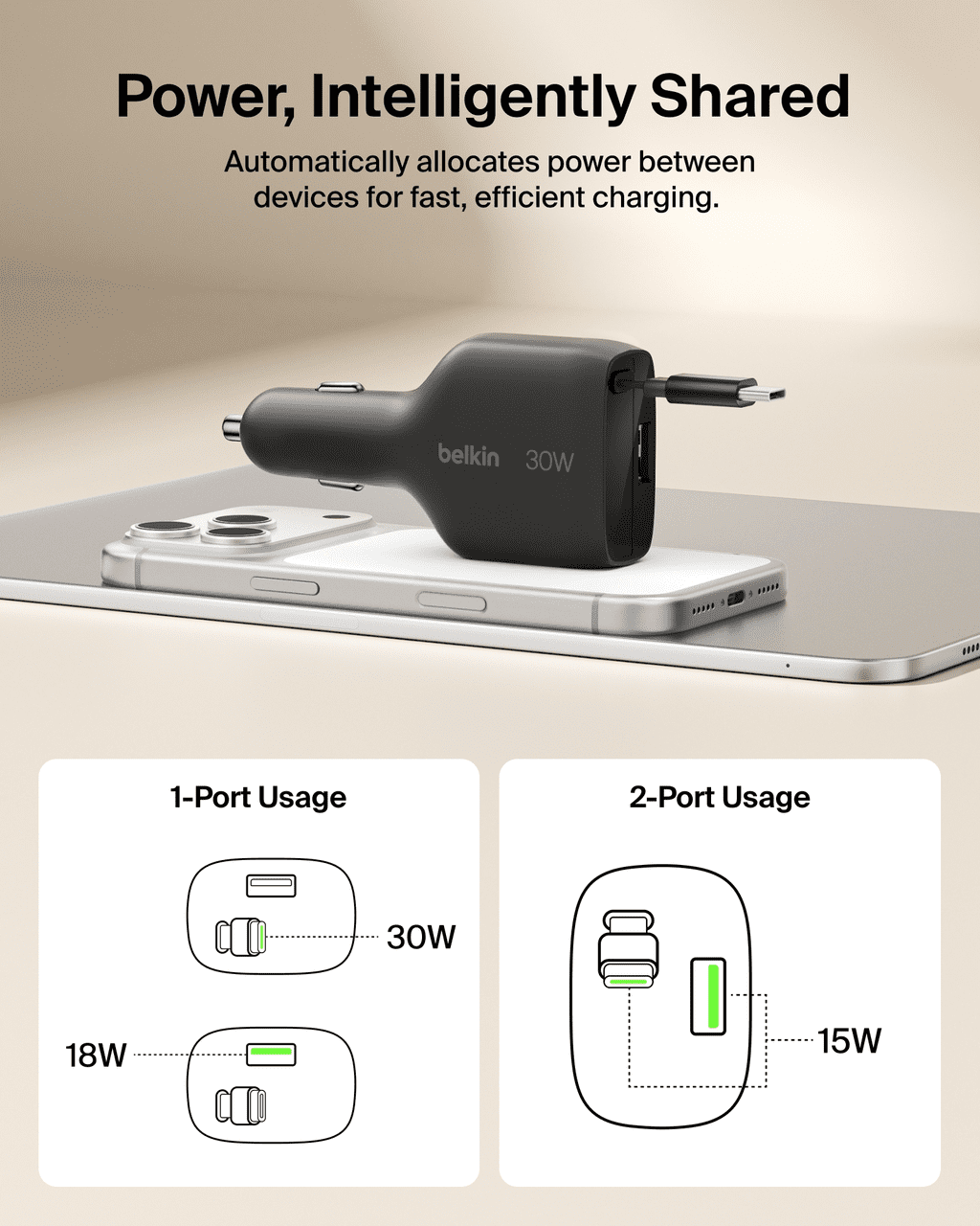 Belkin BoostCharge 30W USB-C Car Charger with Retractable USB-C Cable Fast Car Charging Adapter USB-C Power Delivery iPhone & Android Car Charger