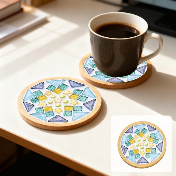 Kit de Coaster de Mosaicos Hazlo Tú Mismo, Juego de Manualidades para Posavasos de Madera, Baldosas Mixtas Coloridas con Pegamento, Bol y Esponja, 9.5x9.5cm para Posavasos de Bebidas.