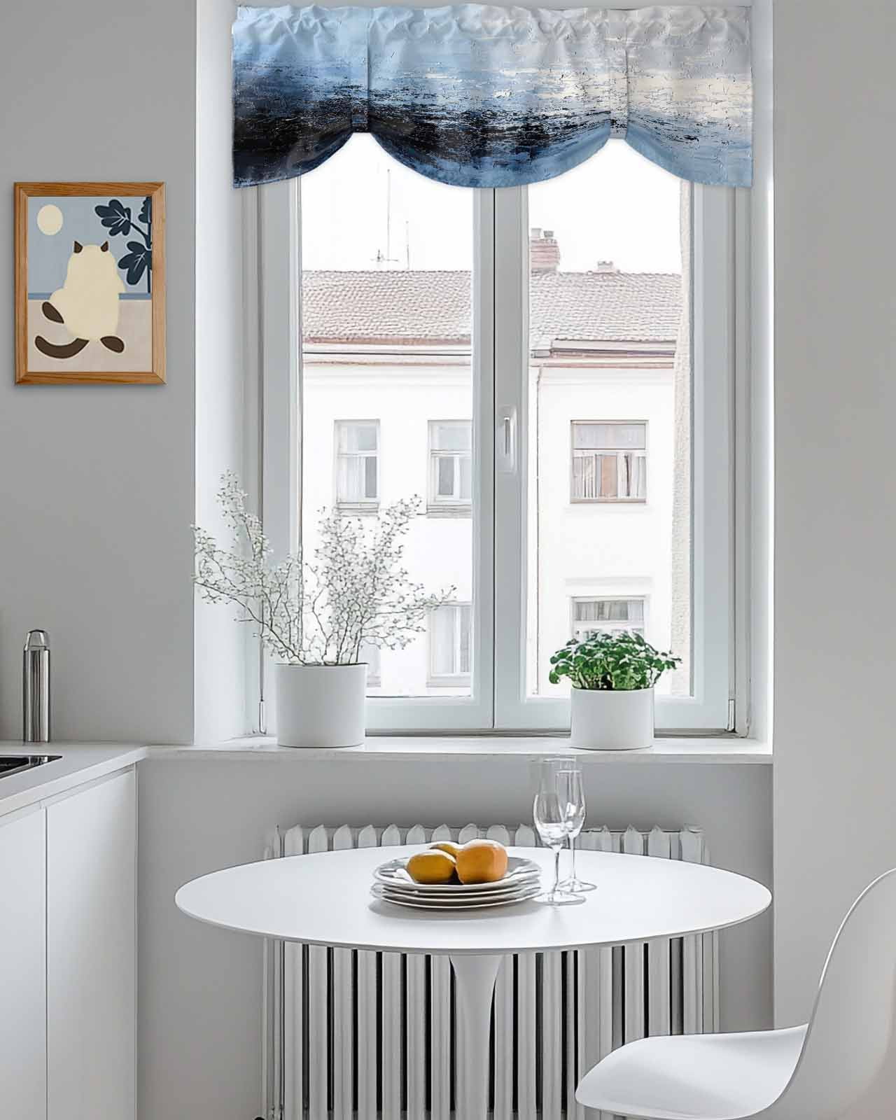 Abstract White Ombre Blue Tie Up Valances Curtain, Oil Painting Ombre Modern Kitchen Valances for Windows Decor, Rod Pocket Short Curtains Set for Bedroom/Bathroom, 60"x18"