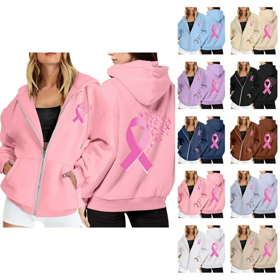 Hoodie Womens Sweatshirt Oversized Women Cropped Lightweight Daily Women's Zip Up Pullover Cancer Awareness Month Long Sleeve Pocket Drawstring Casual For Everyday Wear