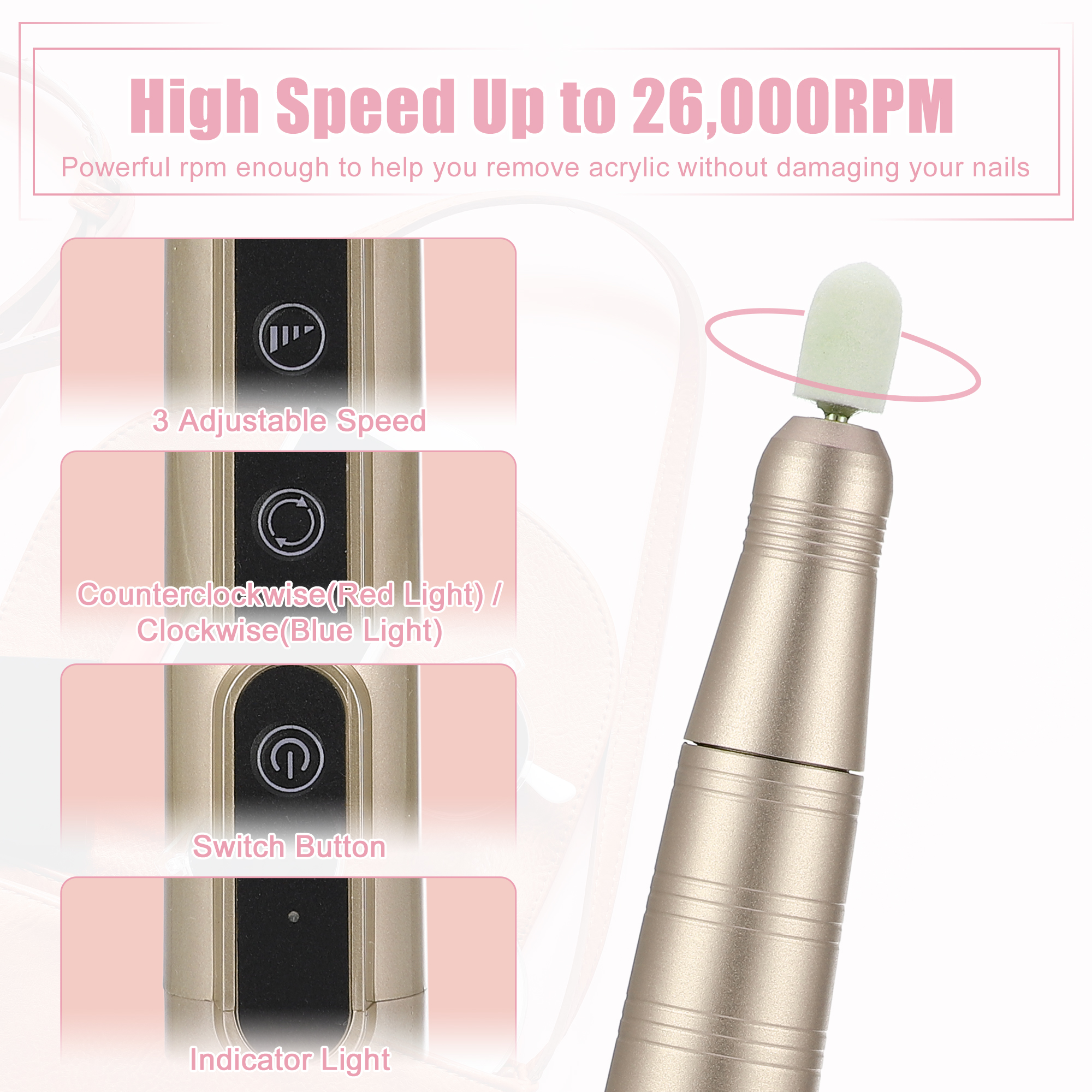 Electric Cordless Nail Drill Kit 26000RPM Nail Drill Machine Nail Drill for Manicure Polishing Gold Tone