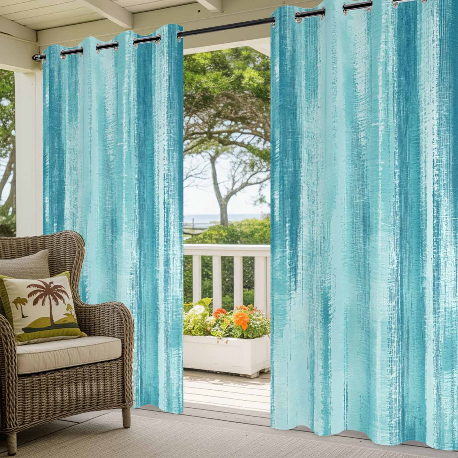 Cyan Paint Outdoor Curtains for Patio, Modern Abstract Blue Green Stripes Sunshade Privacy Drapes Grommet Waterproof Outside Curtains for Porch/Cabana/Balcony 54"x 108", 1 Panel