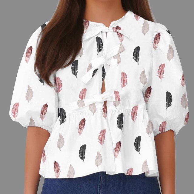 Fiudx Ofertas Flash Del Día Top de Camiseta con Cuello Redondo y Manga Farol Plisada con Lazo para Mujer