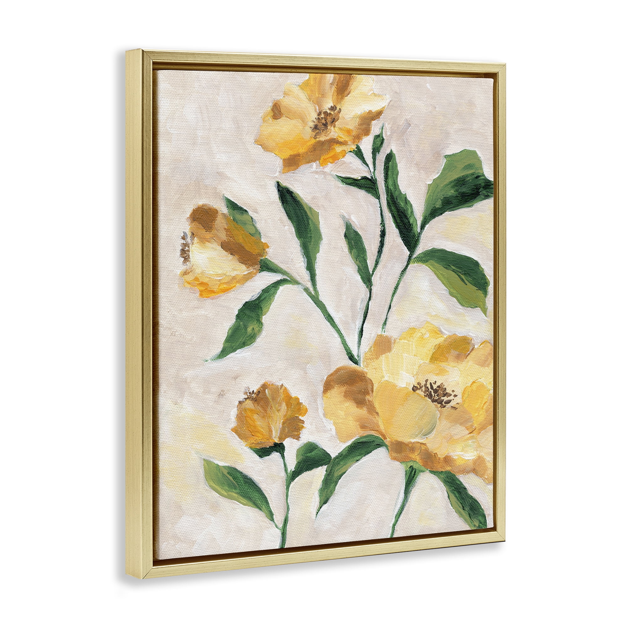 Stupell Industries Yellow Camellia Blossoms Plants & Flowers Painting Gold Floater Framed Canvas Art Print Wall Art, 17 x 21