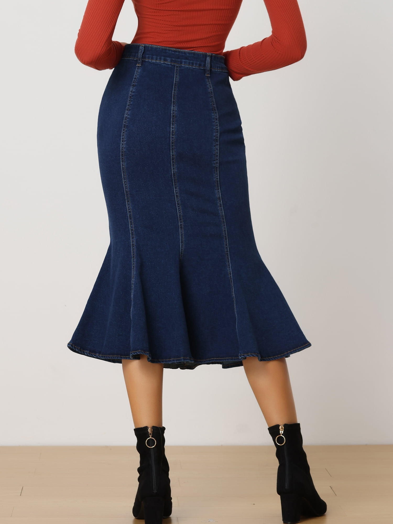 DARING DIVA Women's Soft Elegant Washed Fishtail Casual Midi Denim Skirt S Dark Blue