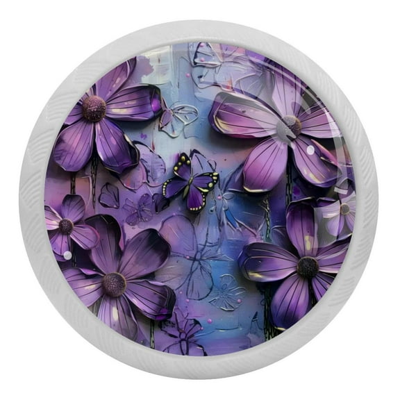 PhooArto Purple Daisy Flower Butterflies 4 PCS Crystal Glass Cabinet Knobs, Drawer Kitchen Cabinets Dresser Cupboard Wardrobe Pulls Handle - Glowing in the Dark
