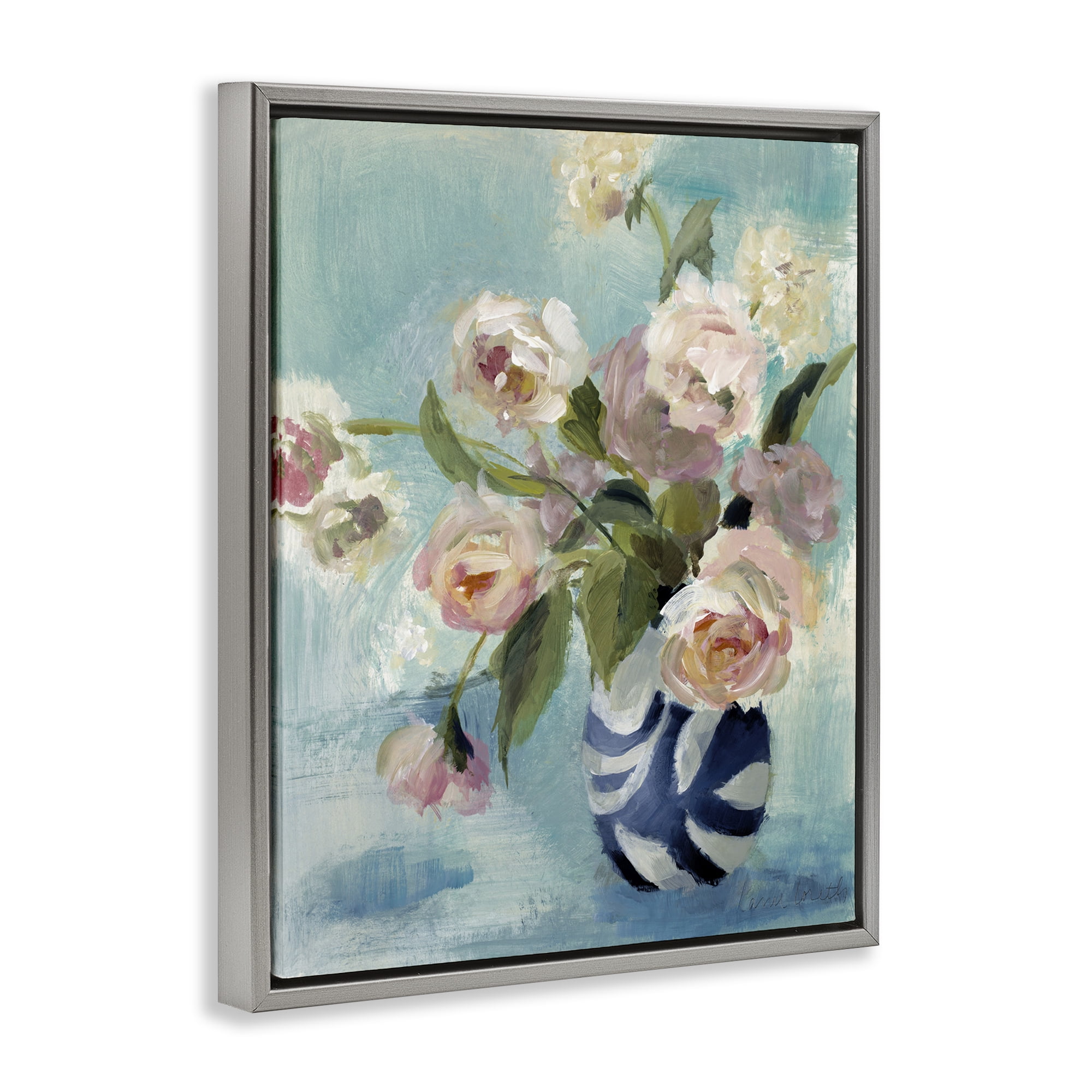 Stupell Industries Carefree Rose Blooms Botanical & Floral Painting Gray Floater Framed Art Print Wall Art, 17 x 21