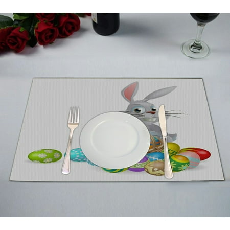 

ECZJNT Easter Bunny White Rabbit Basket Chocolate Easter Eggs Placemat Table Mat Cup Mat 12x18 inch Set of 2