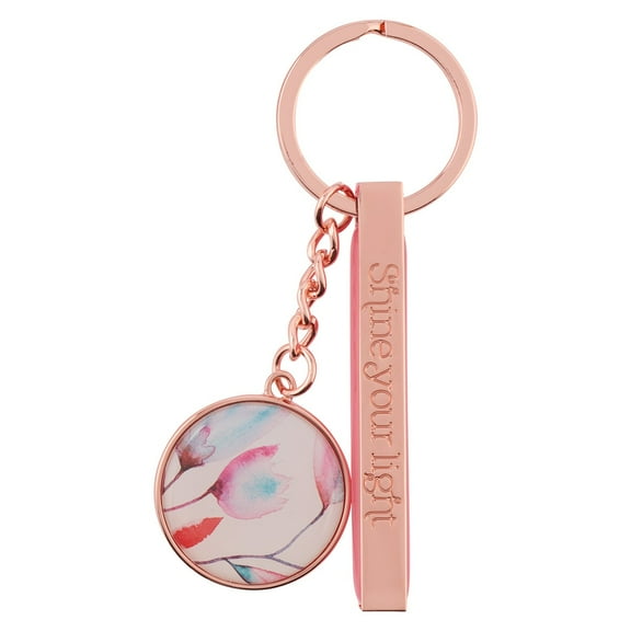 Heartfelt Women's Keychain, Rose Gold Metal w/Floral Pink Petals Pastel Watercolor Flower Art Design Shine Your Light Engraved Inspirational Quote Accessory for Her, Split Ring, Keepsake Tin