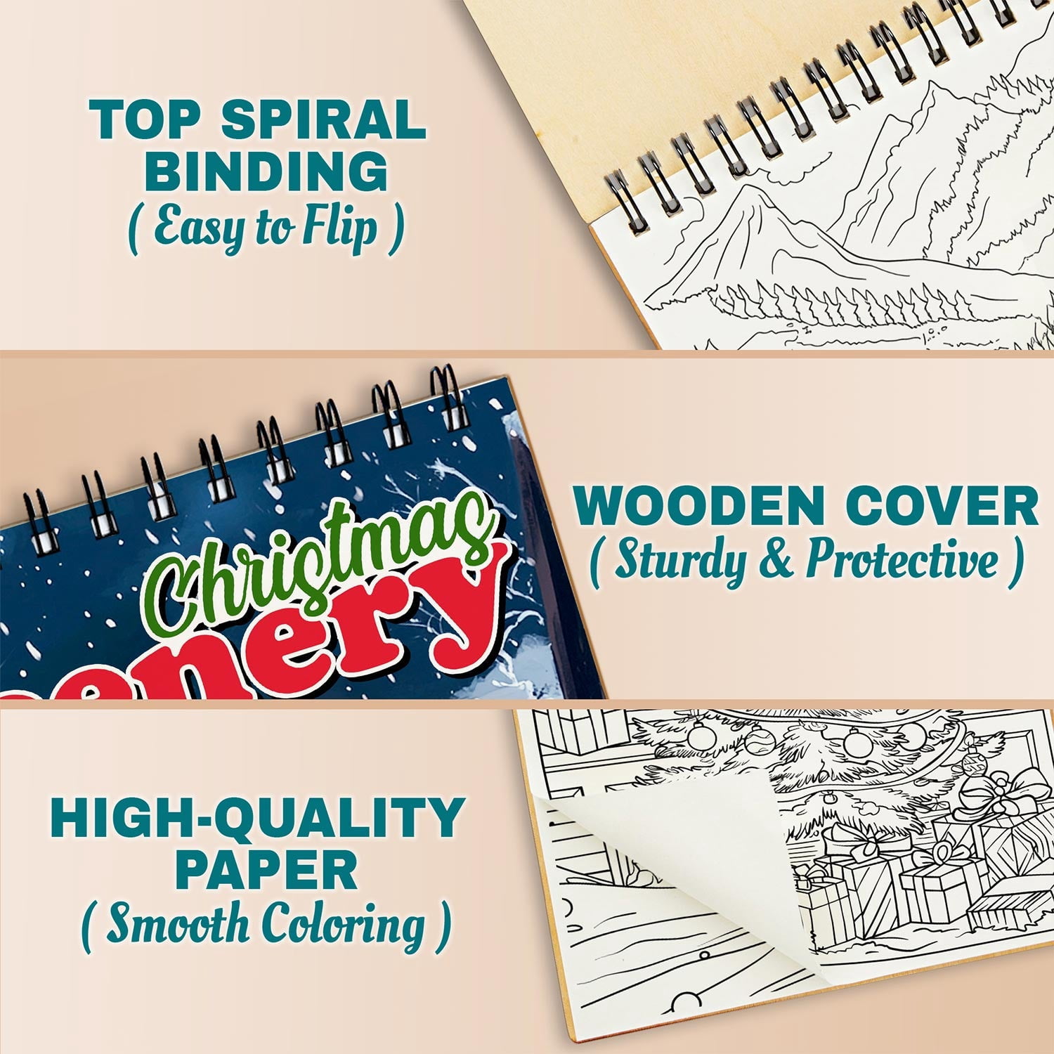 Netecom Christmas Scenery Coloring Book Spiral Bound for Adults, A5 Wooden Cover, 30 Festive Xmas Coloring Pages of Winter Holidays for Stress Relief and Relaxation