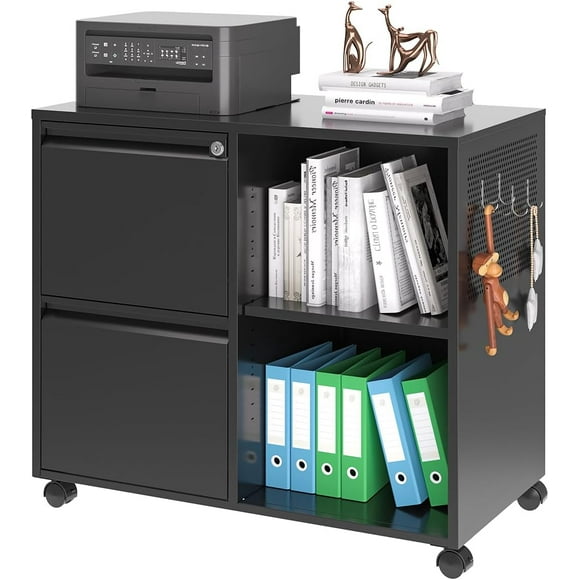 STANI Metal Rolling File Cabinet with Drawers, Black Storage Organizer Cabinet with Hooks for Living Room, Home Office