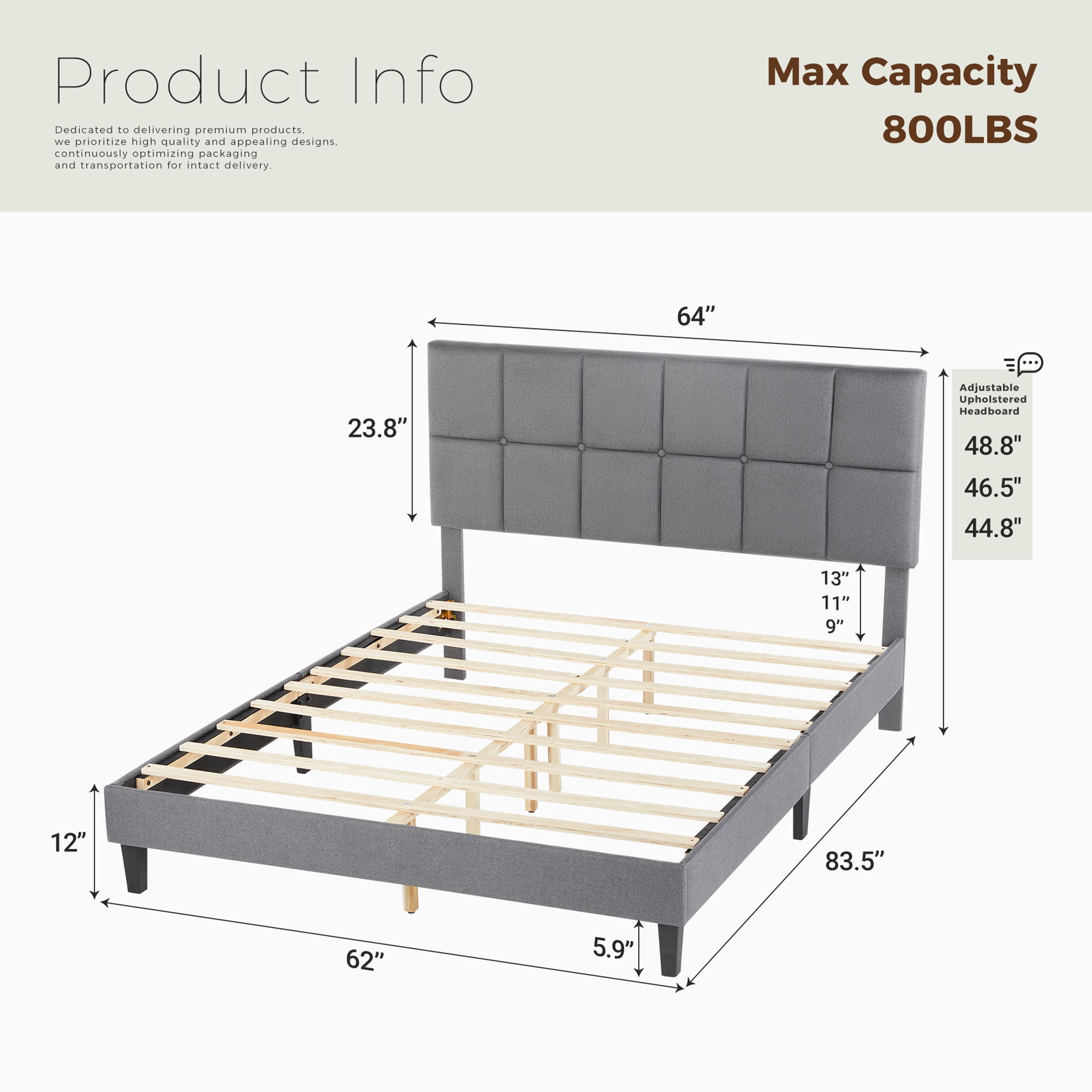 CONCETTA Queen Size Bed Frame, 800LBS Wooden Slats Support, Fabric Upholstered Platform Bed with Adjustable Headboard and No Box Spring Needed, Grey
