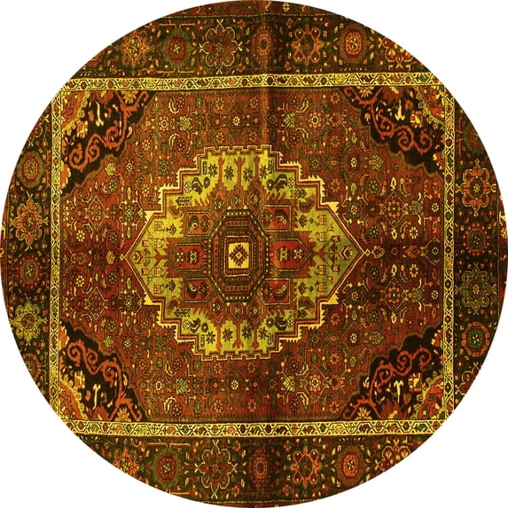 Ahgly Company Machine Washable Indoor Round Medallion Yellow Traditional Area Rugs, 6' Round