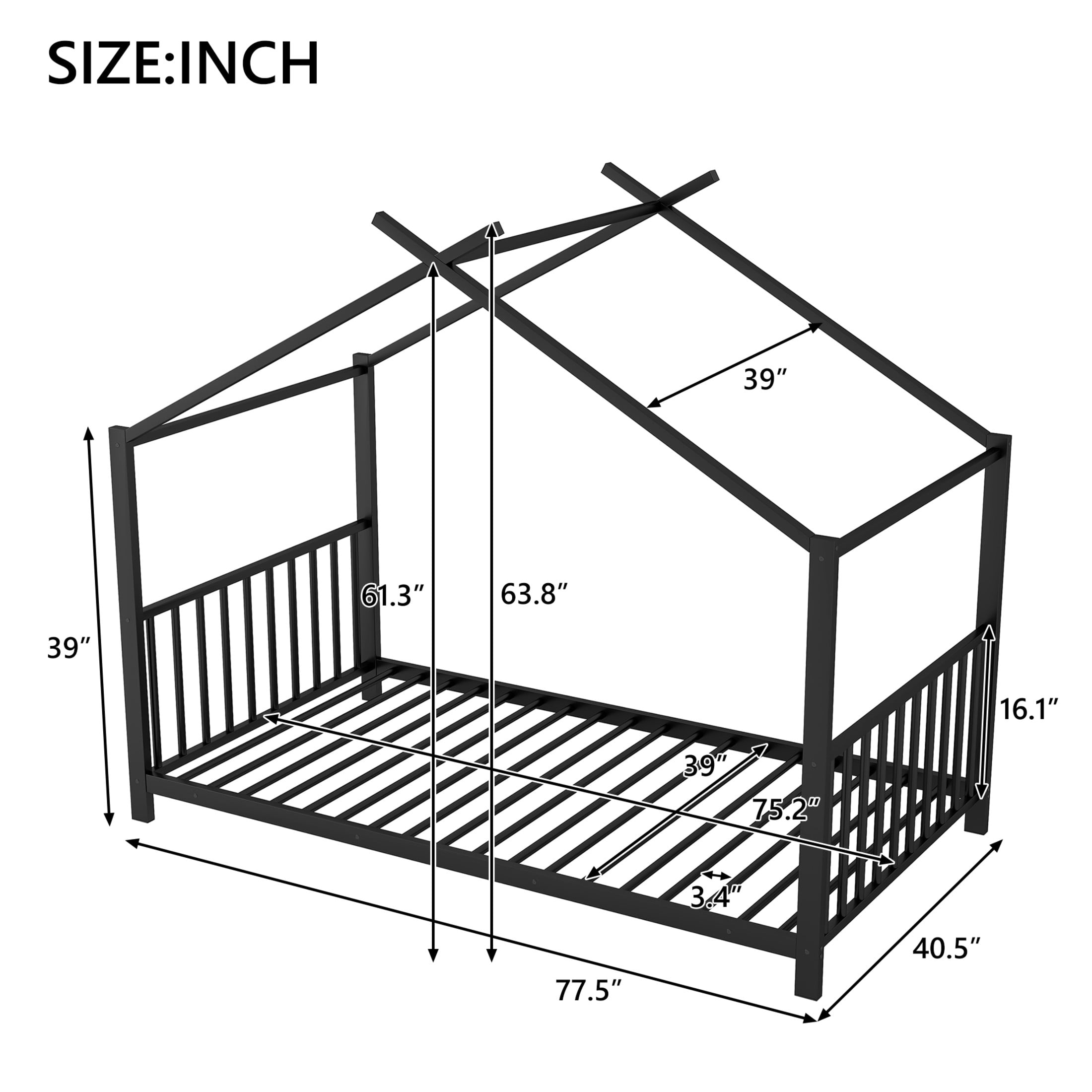 Noble House Ella Twin Metal House Bed, Modern Minimalist Playhouse Bed Frame with Wood Slats, for Kids, Black