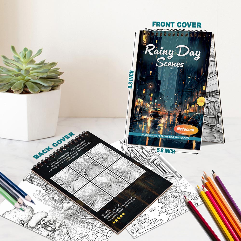 Rainy Day Scenes Coloring Book Spiral Bound For Adults, A5 Wooden Cover, 30 Beautiful Coloring Pages of Streets Under Rain for Stress Relief and Relaxation
