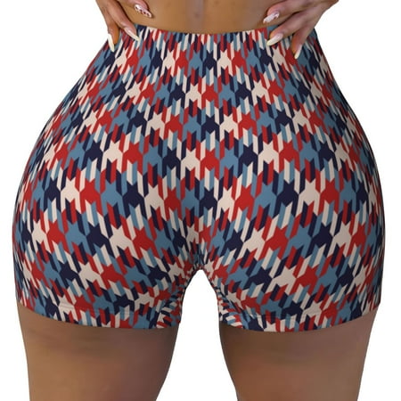 Workout Shorts Women  Red Blue Checked Biker Shorts for Women Running Gym Spandex Shorts Tummy Control