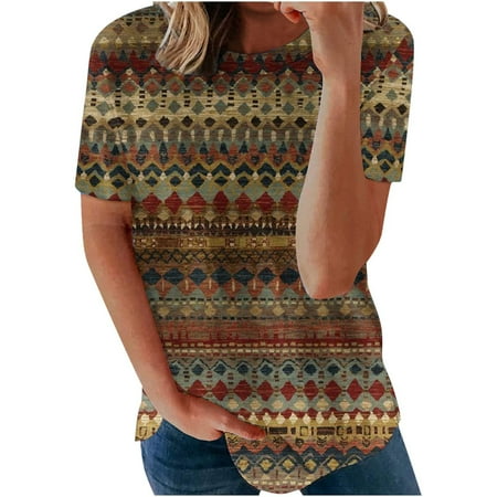 

Bicoasu Womens Tops Women Fashion Flower Print V-neck Short Sleeve Workwear With Pockets Tops Brown S(Buy 2 Ship 3)