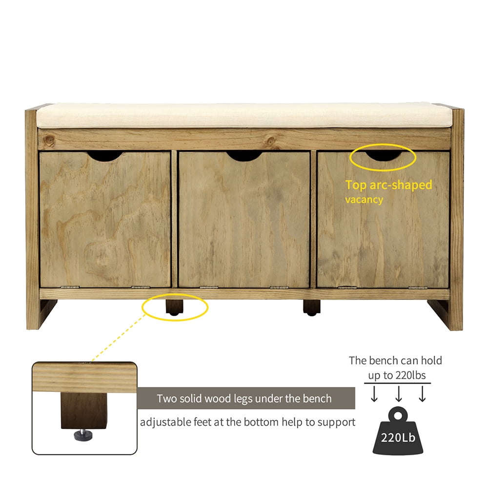 Kepooman Home Classic Solid Pine Storage Bench, 3-Cube Organizer Storage Bench with Removable Cushion for Living Room, Natural Kepooman Home Classic Solid Pine Storage Bench, 3-Cube Organizer Storage Bench with Removable Cushion for Living Room, Natural