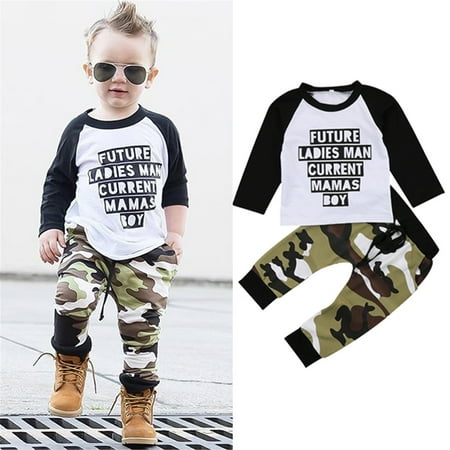 

Qtinghua 2Pcs Set Toddler Baby Boy Outfits Future Ladies Man Current Mama s Boy Long Sleeve T-Shirt Tops+ Camouflage Pants Clothes White 0-1 Years