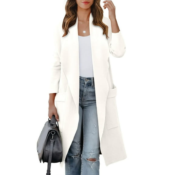 Dyfzdhu Wool Coats for Women Elegant Slim Fit Long Sleeve Long Trench Coat Open Front Warm Jacket White