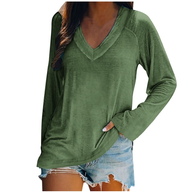 KIHOUT Spring Winter Womens Tops Fashion Casual Long Sleeve V-Neck Solid Color Ladies Tops Blouse