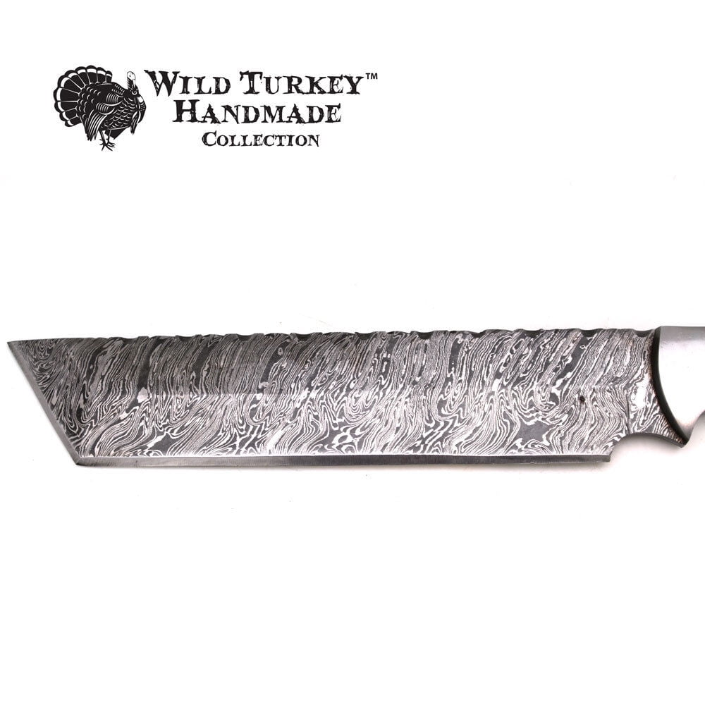 Wild Turkey Handmade Damascus Fixed Blade Hunting Knife w/ Leather Sheath