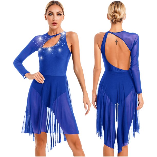Women Lyrical Dance Dress Long Sleeve Shiny Rhinestone Leotard Dresses Figure Skating Ballet Gymnastics Performance DancewearM Gong Bohan LED