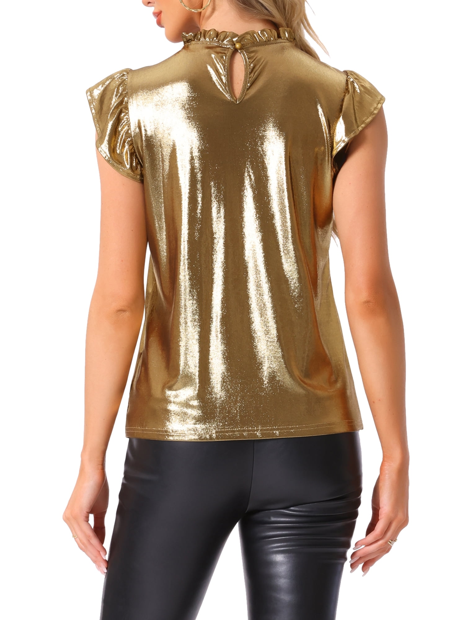 INSPIRE CHIC Women's Top Metallic Cap Sleeve Ruffled Neck Holographic Shiny Sparkle Party Blouse Tee Shirt S Gold