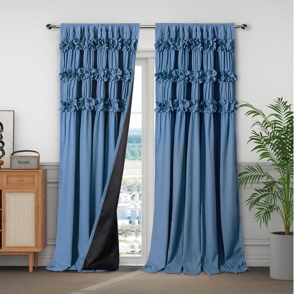 2-Panel Dusty Blue Blackout Curtains with Handmade Ruffles, 54x84 Inches, Room Darkening and Soundproof