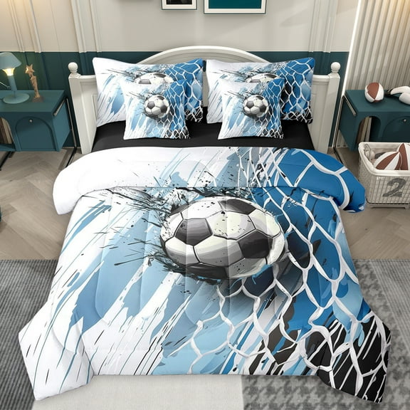 Homewish Soccer Sport 7-Piece Twin Bedding Sets,Football Game Bedding Comforter Set,Blue Black Honeycomb Sheet Sets For Boys Kids,Ultra Soft Home Decor Reversible