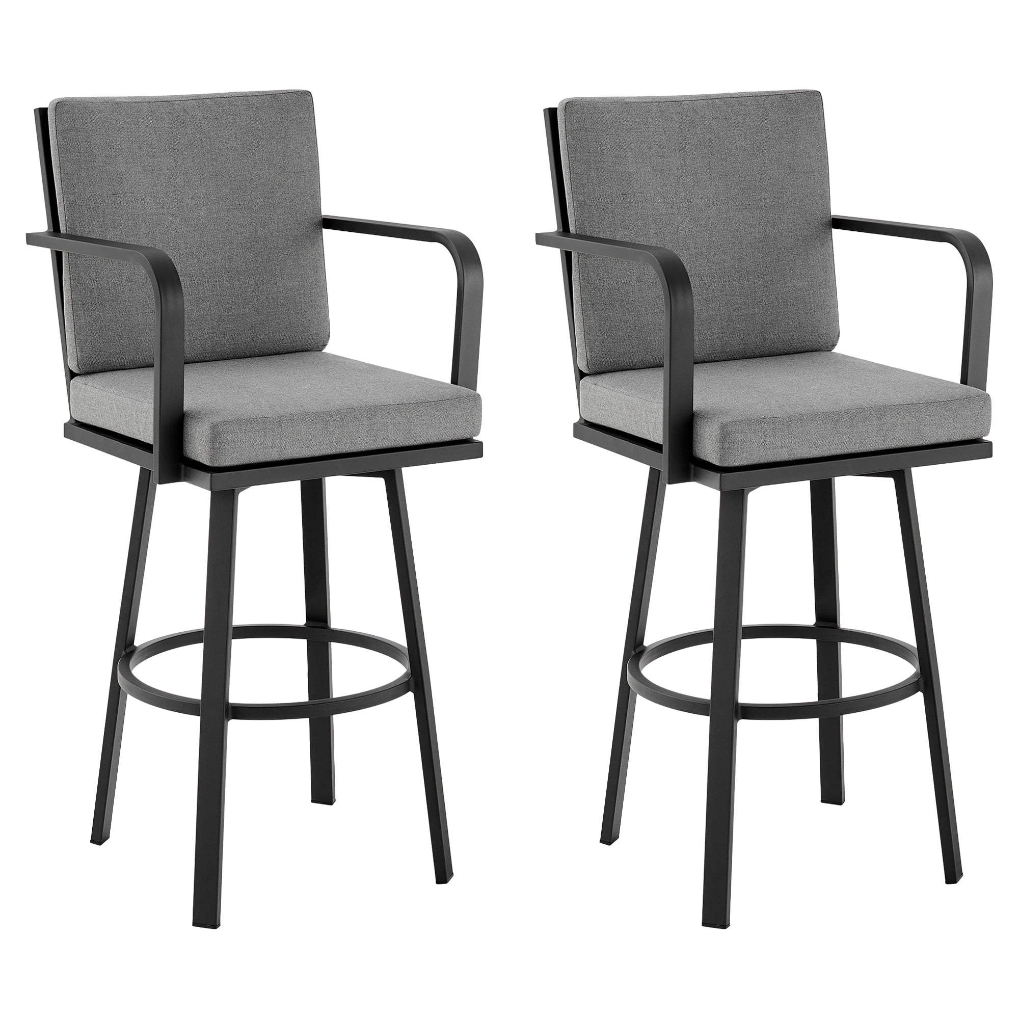 Arnauld 30" Outdoor Patio Swivel Bar Stool in Black Aluminum with Gray Cushions - Set of 2