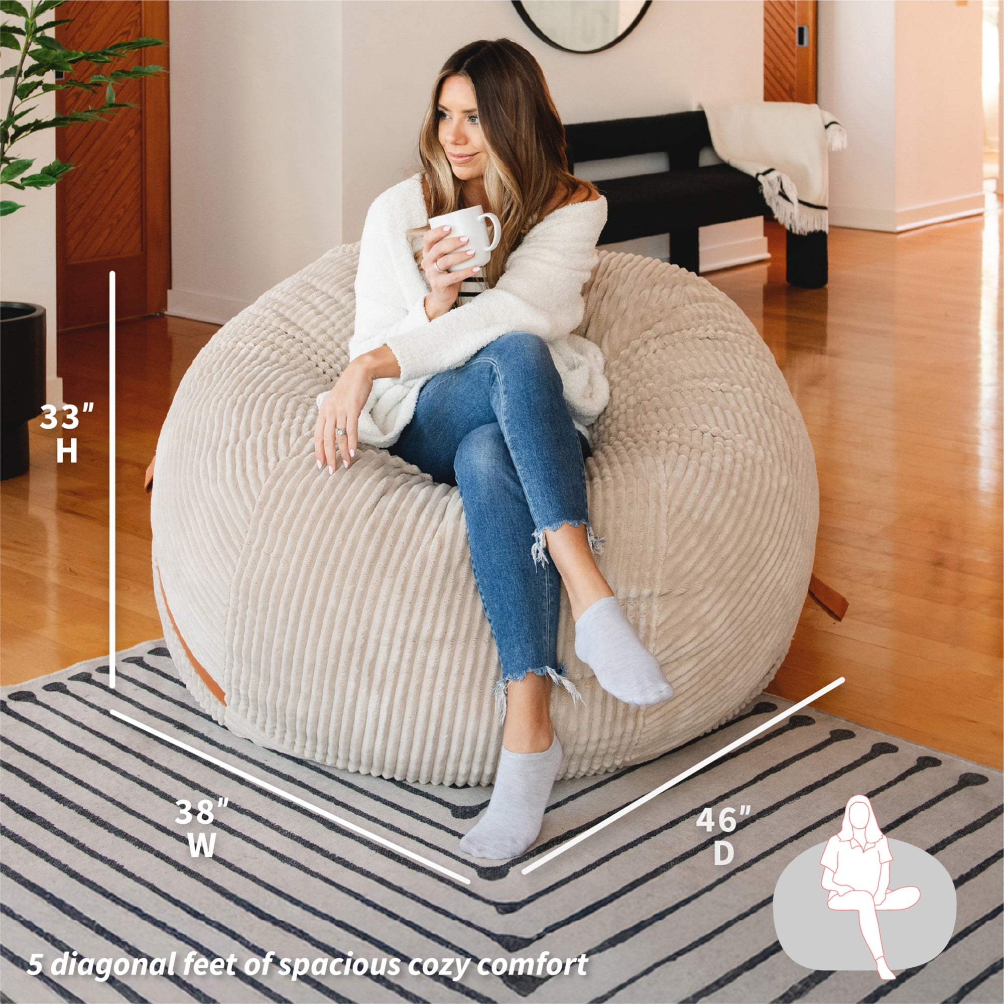 Big Joe Fuf 5Ft Oversized Foam Bean Bag Chair for Kids, Teens, Adults, Vanilla Latte, Corded Plush, 5 foot Large Reading and Gaming Seat