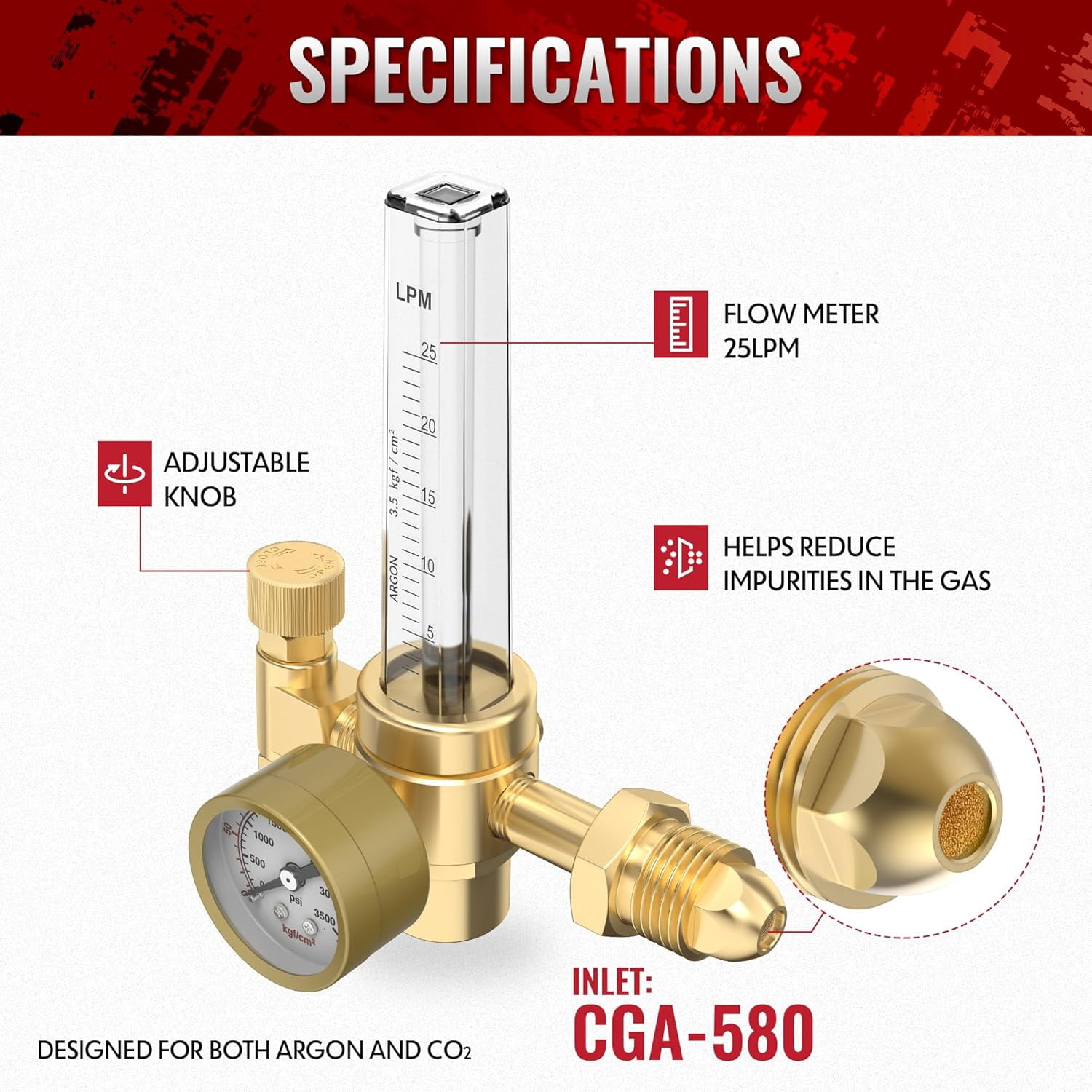 bestarc Argon CO2 Flow Meter Gas Regulator with 8.2FT Gas Hose for MIG TIG Welding