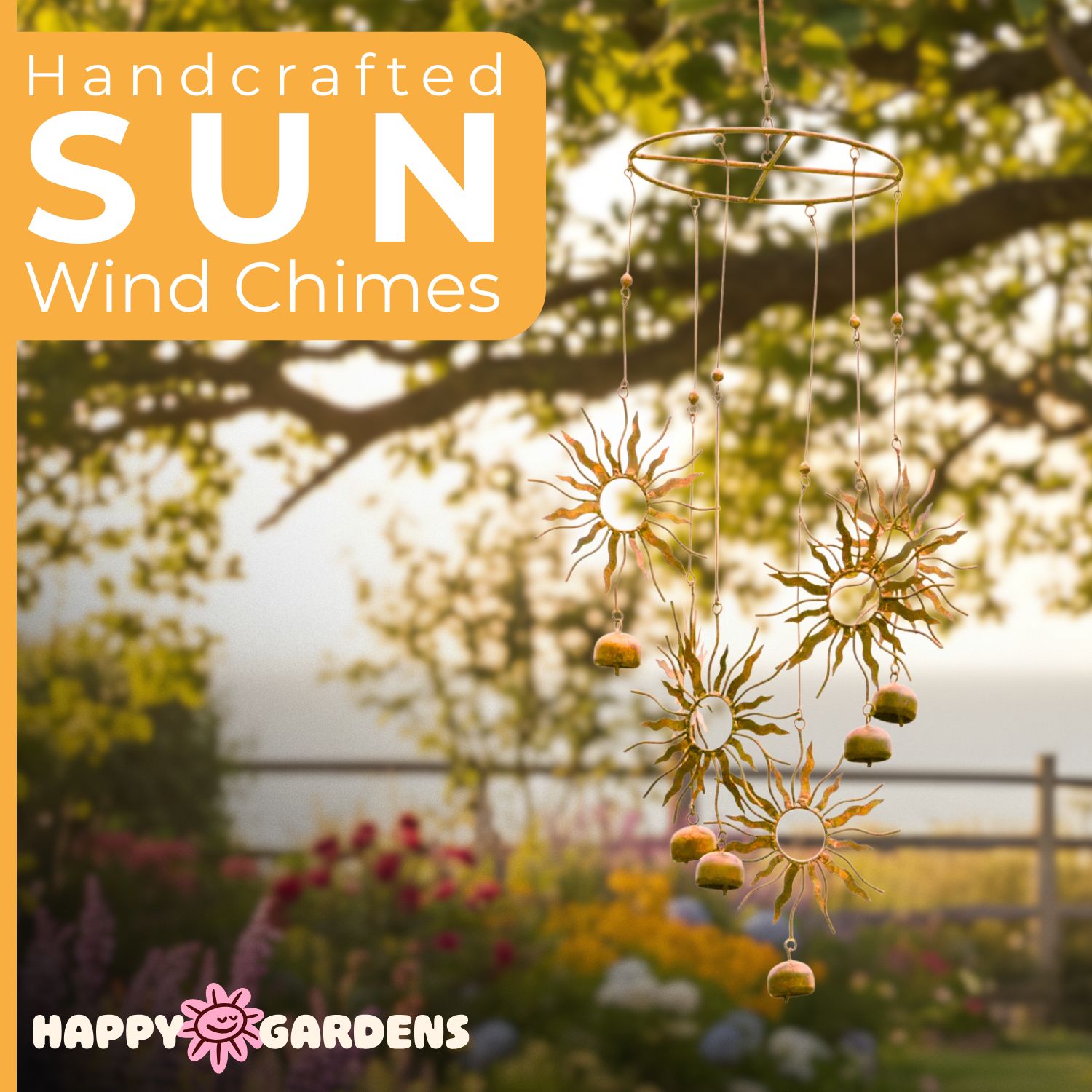 Happy Gardens Handcrafted Sun Steel Wind Chime Mobile With 6 Bells (Flamed Finish) Outdoor Metal Hook Hanging Decor For Outside Back Yard